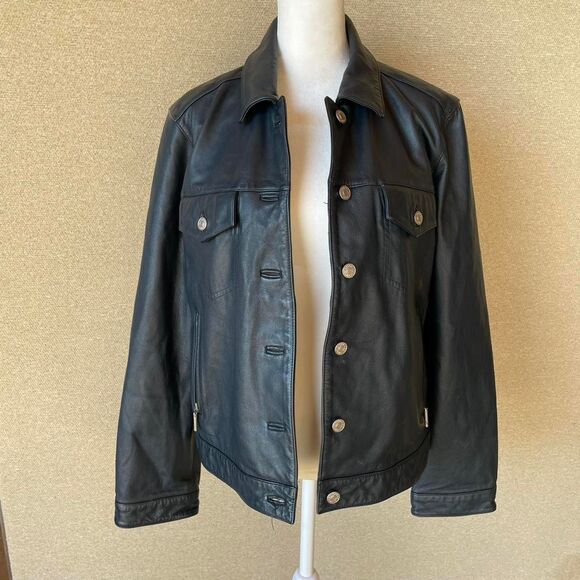 Tommy Hilfiger Women's Navy Blue Leather Jacket Minimalist Classic Retro Staple - Picture 1 of 8